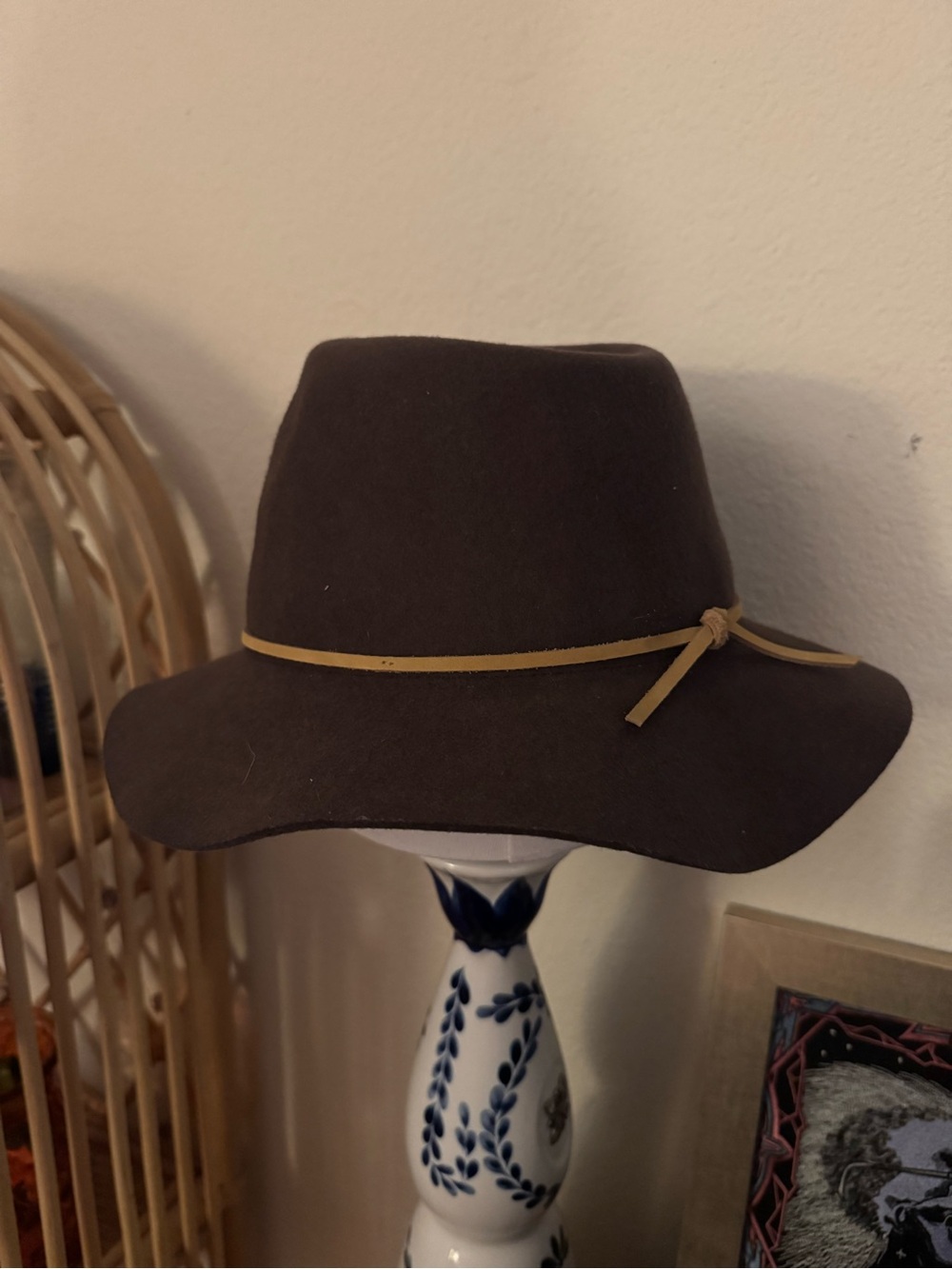 Brixton Dark Brown Felt Fedora with Tan Leather Tie